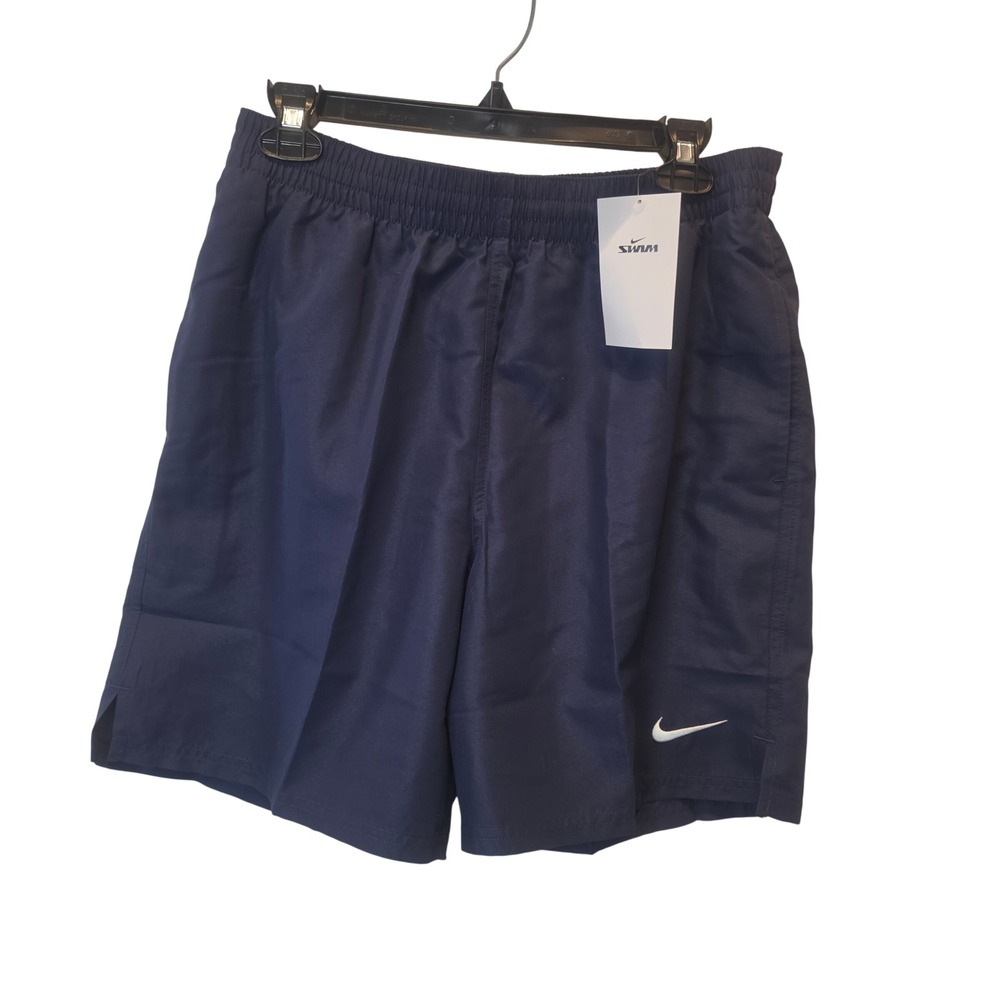 Nike Swim Trunks Boys Medium Navy Blue Embroidered Swoosh Athletic M NWT